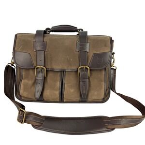 VTG Allen Edmonds Waxed Canvas Leather Trim Messenger Bag Briefcase Brown Brass